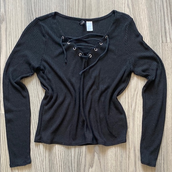 Black Lace-Up Ribbed Top - Picture 1 of 2